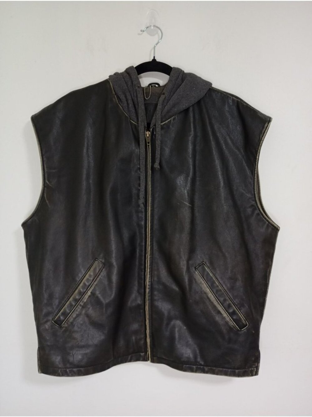 Vintage Fitigues Vest Hoodie Genuine Leather Style Lining Size M Black  Men